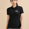 Woman wearing black polo t-shirt with customizable logo, unisex cotton casual top