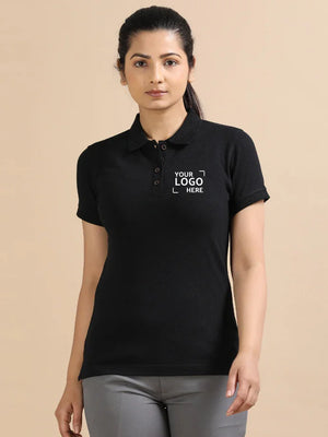 Woman wearing black polo t-shirt with customizable logo, unisex cotton casual top